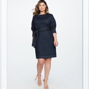 Eloquii Denim Tie Waist Dress Contrast Stitch Belted Shift Size 22 Excellent